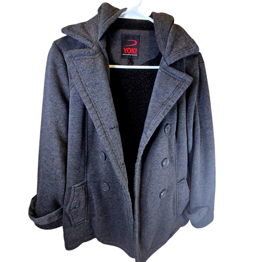 Yoki Girls Charcoal Gray Sherpa Lined Hooded Pea Coat Jacket Size 14